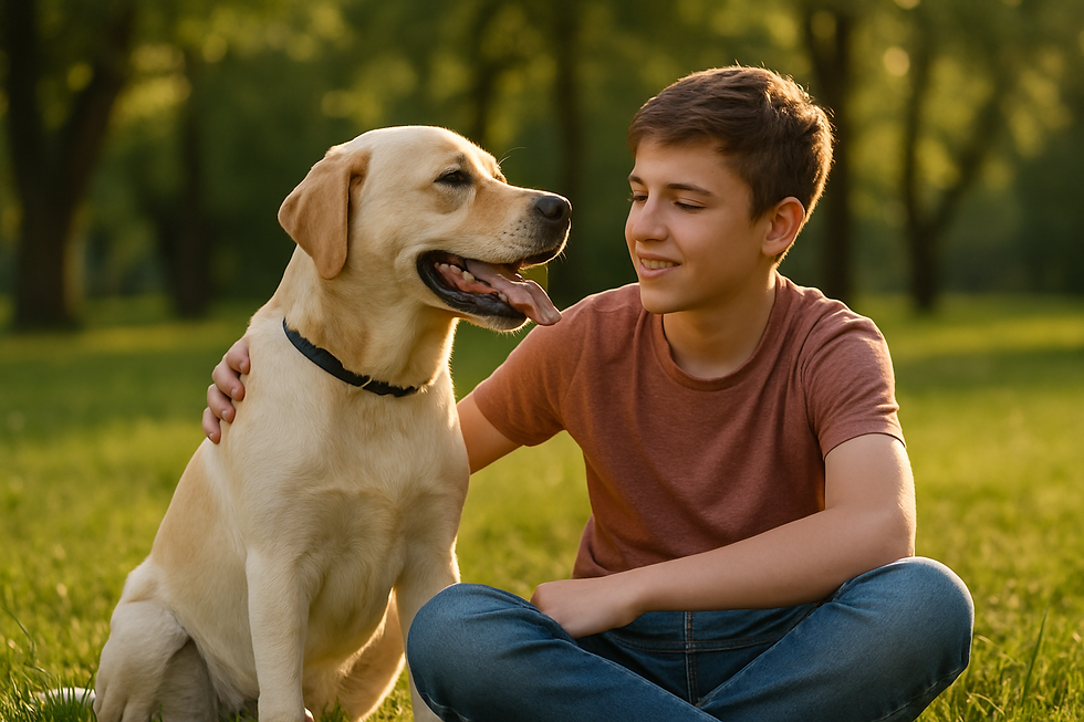 Teenage boy in a rust-colored shirt sitting cross-legged on green grass, smiling at a golden Labrador Retriever beside him in a sunny park with trees in the background. The dog looks happy and calm, creating a peaceful and emotionally supportive scene.