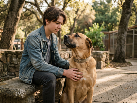 Boy in a denim jacket sits on a stone bench, gently petting a large dog. They're outdoors in a wooded area, creating a calm mood.