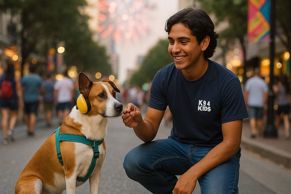 Teenage trainer wearing a navy “K9 4 KIDS” shirt kneels on a busy city street and offers a treat to a brown-and-white dog in teal harness and yellow earmuffs; blurred crowd and distant fireworks fill the background.