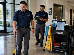 Reliable Facility Service team measuring cleanable square footage during a commercial janitorial contract pricing walkthrough in a clean Southern California office facility, showing professional monthly cleaning proposal planning for floors, restrooms, entry glass, traffic areas, and service frequency.