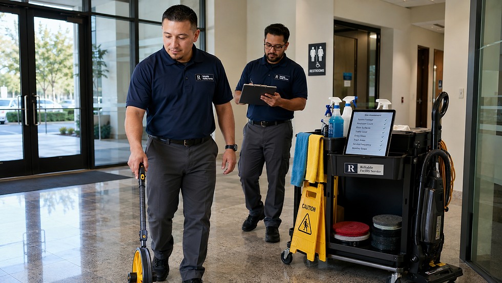 Reliable Facility Service team measuring cleanable square footage during a commercial janitorial contract pricing walkthrough in a clean Southern California office facility, showing professional monthly cleaning proposal planning for floors, restrooms, entry glass, traffic areas, and service frequency.