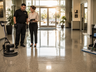 Reliable Facility Service technician reviewing a freshly restored commercial office lobby floor after high-speed floor buffing and office floor burnishing in Southern California.