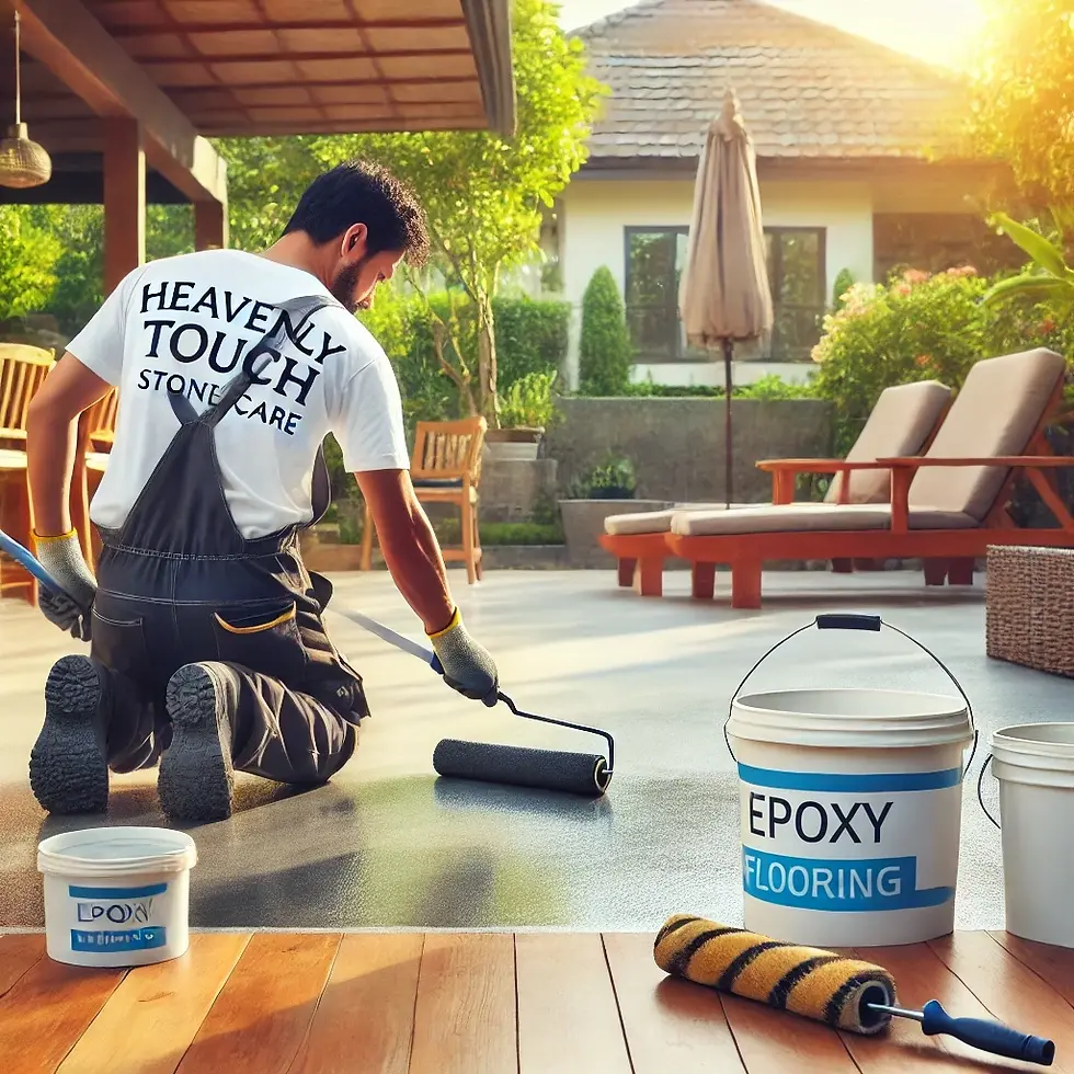 A professional worker wearing a shirt branded with "Heavenly Touch Stone Care" applies epoxy flooring to an outdoor patio using a roller. The setting includes tools and greenery, emphasizing the precision and care in the application process