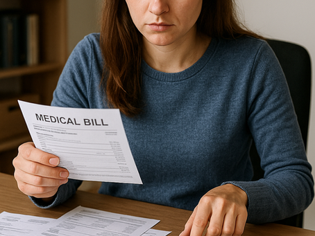 A woman with long brown hair sits at a desk covered in medical bills and statements. She holds one bill in her hand while using a calculator with the other, her expression focused and concerned as she reviews her medical expenses.