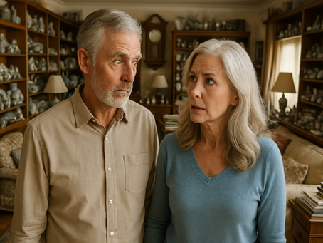 A handsome man and his wife, both in their mid-60s, stand in a large, beautifully decorated but cluttered living room filled with furniture and knick-knacks. They are looking at each other with quizzical expressions, surrounded by shelves packed with collectibles, suggesting the emotional weight of downsizing.