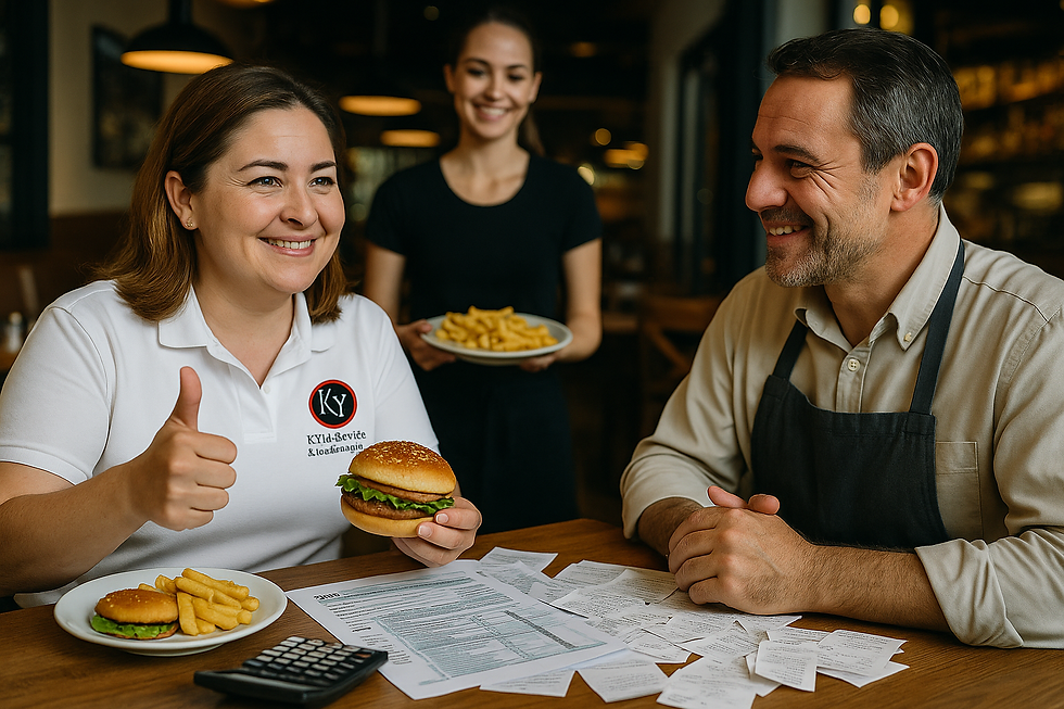 An Accountant wearing a fitted white polo with the KY Tax Service & Bookkeeping logo, sits at a restaurant table with a smiling owner, holding a burger and giving a thumbs up while tax forms, receipts, and a calculator are spread out in front of them.