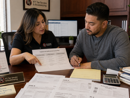KY Tax Service & Bookkeeping professional in San Martin reviewing an IRS CP2000 notice, Form 1040-X, California Schedule X, and missing 1099 income with a client who needs help correcting an underreported income IRS filing.