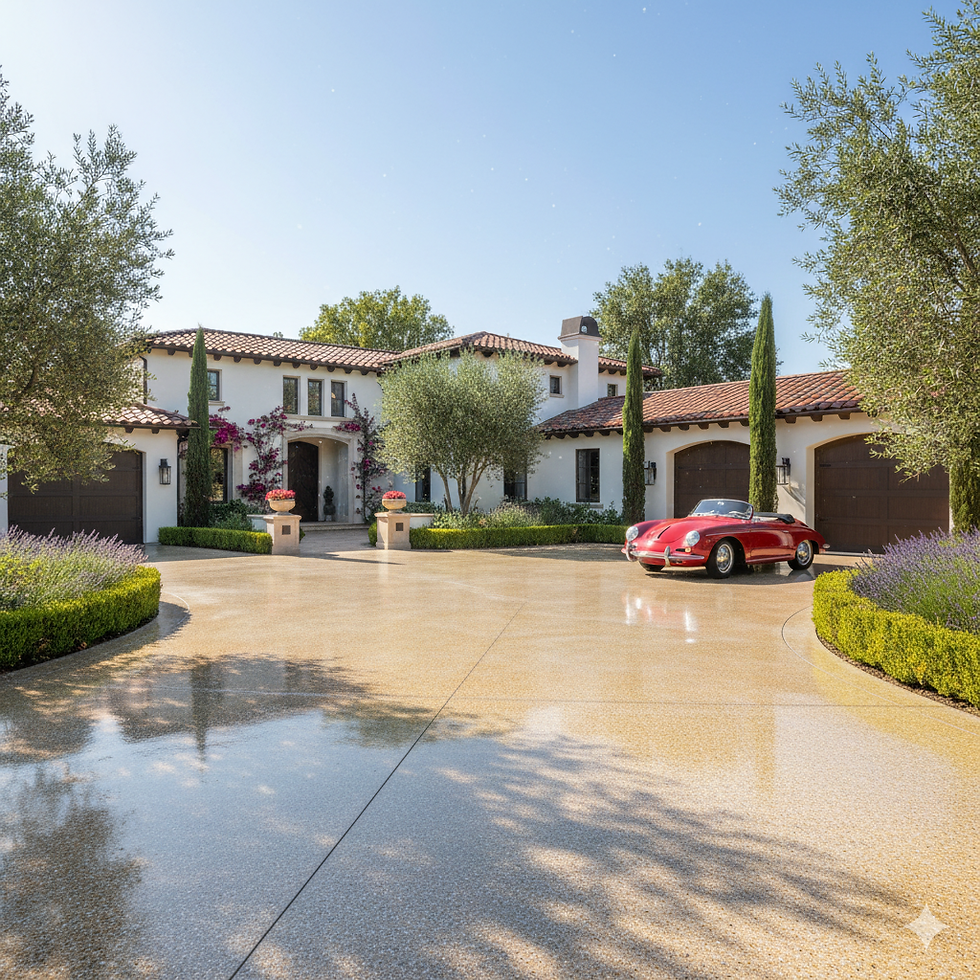 "Luxurious custom epoxy driveway in a warm, natural stone aggregate color, gleaming brightly under strong sunlight, in front of a large, beautiful white Mediterranean-style house with terracotta roof tiles, lush green and lavender landscaping, and tall cypress trees. A classic red convertible car is parked on the driveway near the garage."