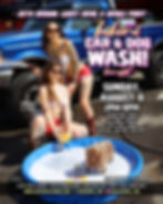 Poster of two tattooed women washing a blue pickup and a small dog in a kiddie pool at Lucky Devil Lounge car and dog wash benefit.