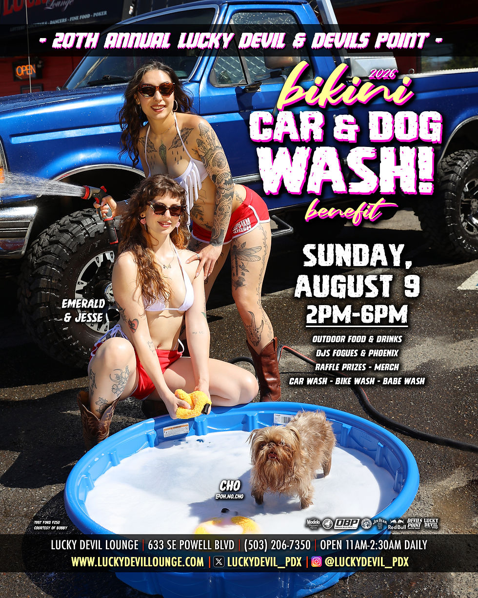 Poster of two tattooed women washing a blue pickup and a small dog in a kiddie pool at Lucky Devil Lounge car and dog wash benefit.