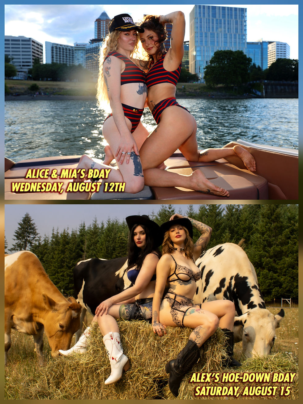 Two promo photos: tattooed women pose in striped bikinis on a boat by city skyline, and in cowboy hats on hay with cows.