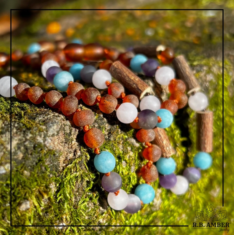 Thumbnail: Child - Baltic Amber Teething Necklace + Rose Quartz, Amethyst, and Apatite Jade