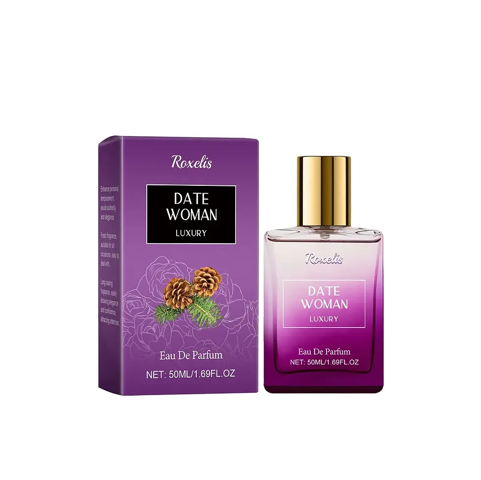 Perfume Roxelis Date Woman Luxury e sua caixa roxa.