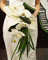 A bouquet of white anthurium and phalaenopsis orchids-Photo by Foxglove and Thistle