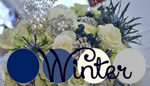 Winter bouquet including navy blue eryngium, white roses and hydrangeas, and brooches for a December