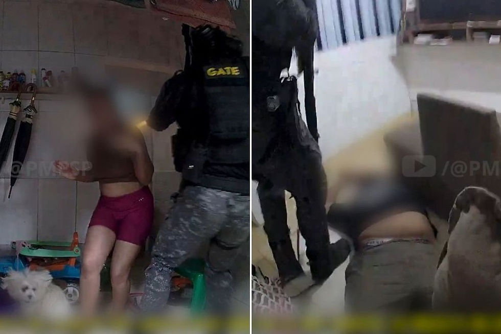 Homem é preso após manter companheira (de bermuda rosa) refém com criança em Guarujá (SP) — Foto: Polícia Militar´/Divulgação.