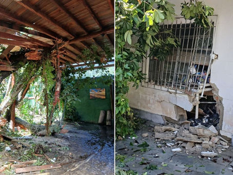 Deslizamento arrasta árvores e atinge restaurante no litoral de São Paulo.