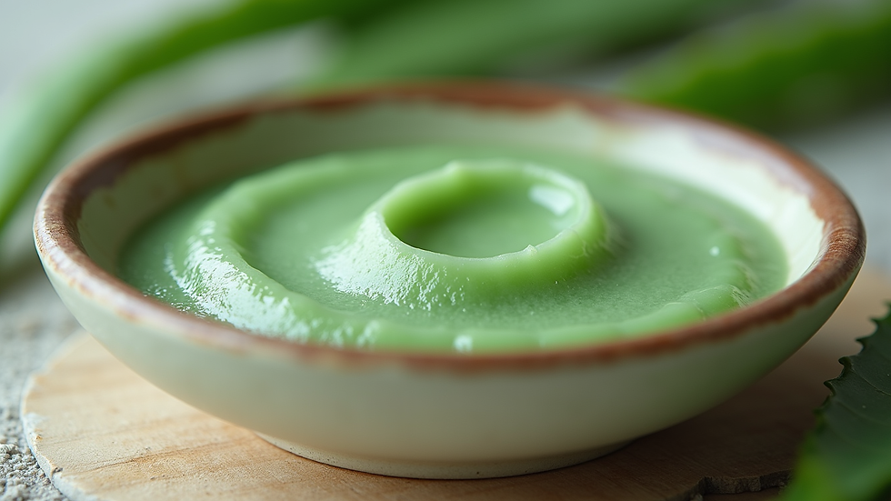 Eye-level view of a bowl with green clay mask and aloe vera gel