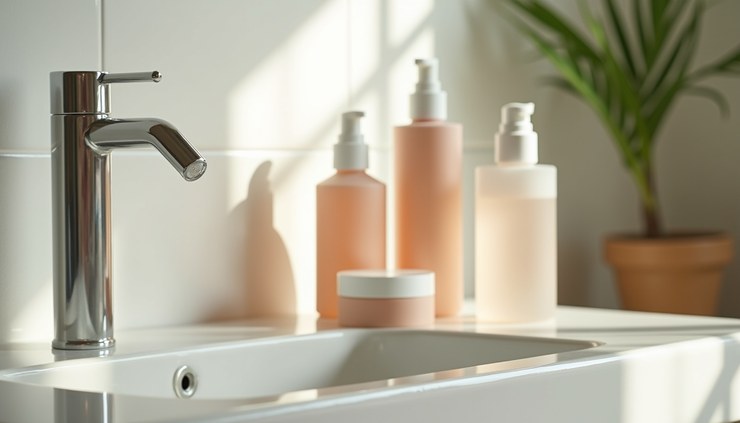 Close-up view of a bathroom sink with morning skin care products neatly arranged