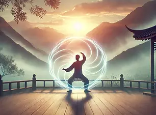 DALL·E 2025-02-15 11.34.26 - A serene outdoor scene at sunrise with a person practicing Qi