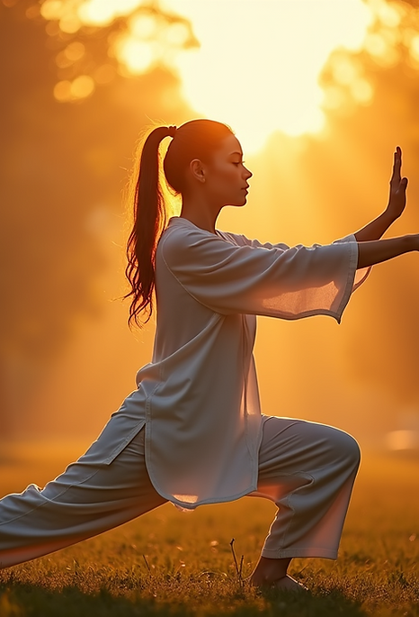 atmospheric shot person practicing qigong outdoor garden setting golden sunrise lighting s