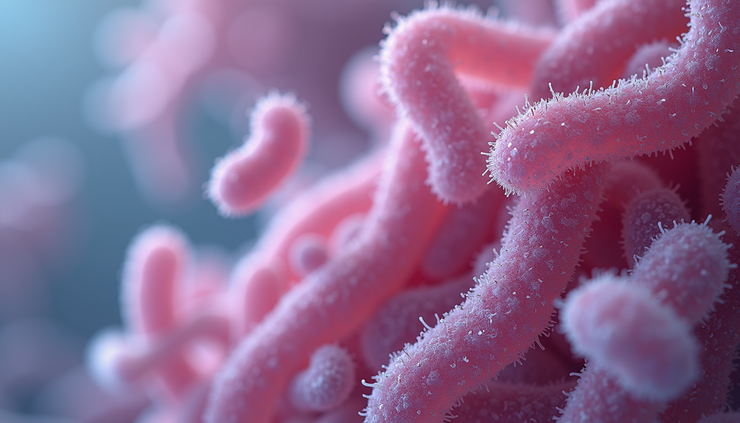 Close-up view of diverse gut bacteria under microscope