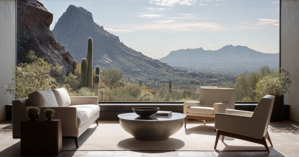 Luxury living room with large widow looking over beautiful hilling landscape