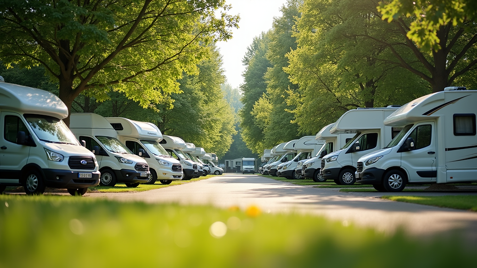 Eye-level view of a peaceful RV campsite with neatly parked vehicles and green surroundings