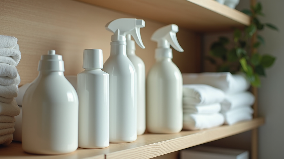 Close-up view of cleaning supplies arranged neatly on a shelf in a condo