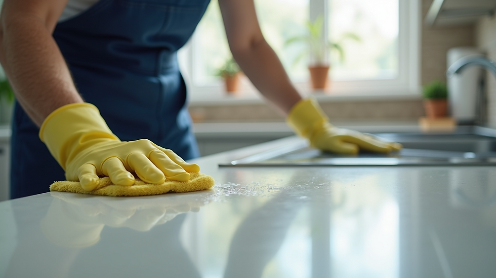 Close-up view of a professional cleaner scrubbing kitchen countertops