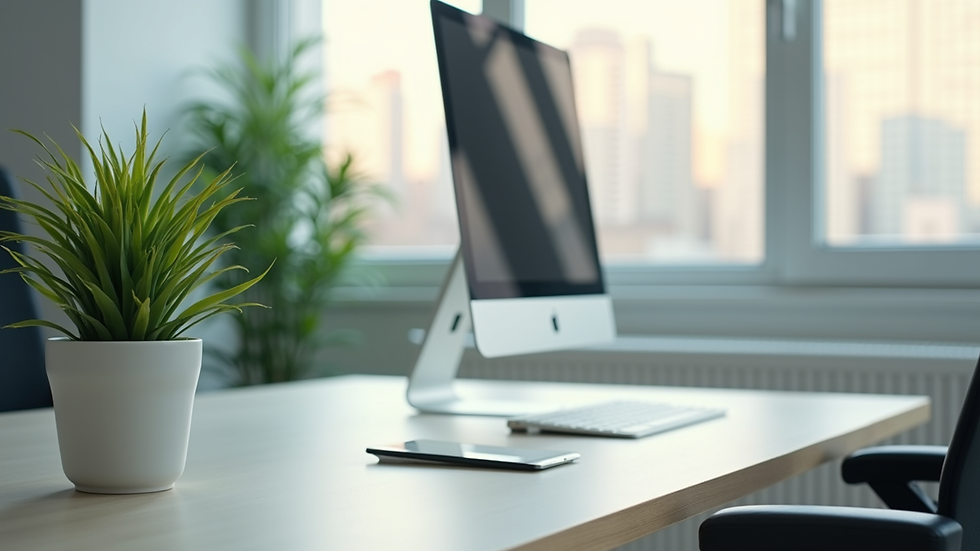 Close-up view of a clean and organized office desk with a computer and plant