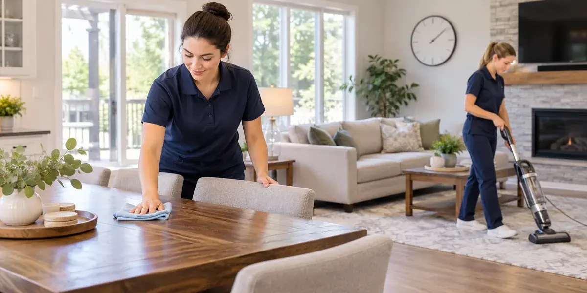 Illustration of two cleaners working on a dining table and living-room floor, with a wall clock nearby.