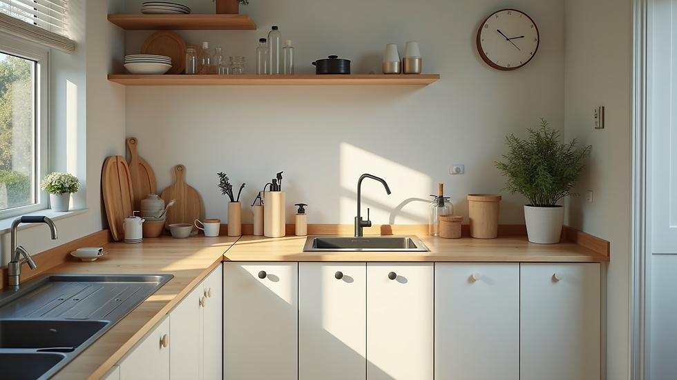High angle view of cleaning equipment and supplies ready for use in a renovated kitchen