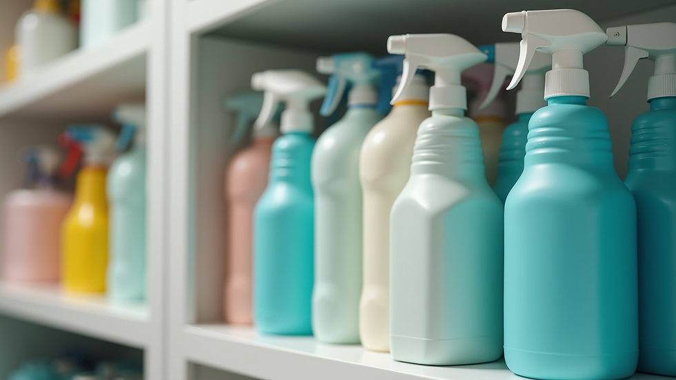 Close-up view of cleaning supplies arranged neatly on a shelf