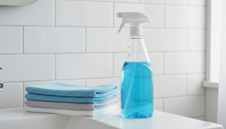 Close-up view of a cleaning spray bottle and folded microfibre cloth on a bathroom vanity