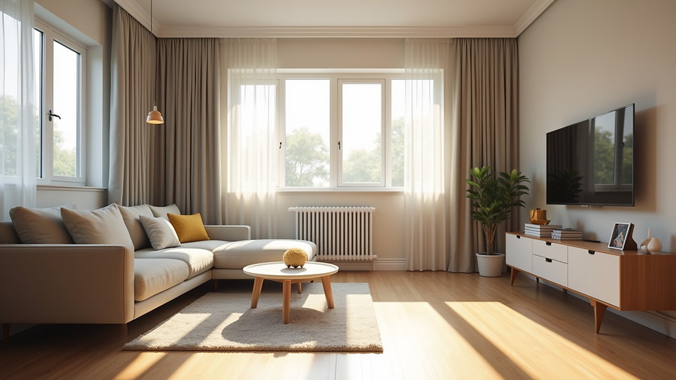 Eye-level view of a clean and organized living room with natural light