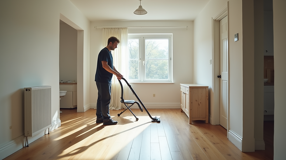 High angle view of a professional cleaner vacuuming a newly renovated room