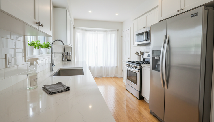 Wide-angle view of a clean North York kitchen after a professional deep cleaning service