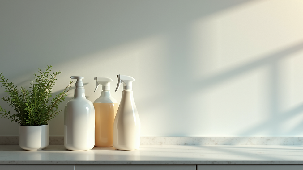 High angle view of cleaning supplies arranged neatly on a countertop