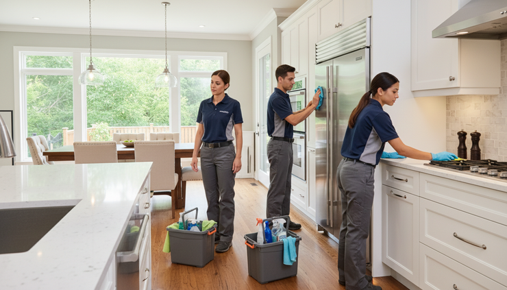 Eye-level view of a cleaning supervisor checking detailed work in a bright family kitchen