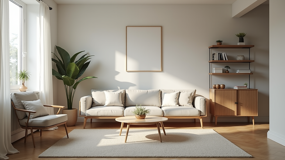 Eye-level view of a neatly organized living room with minimal furniture