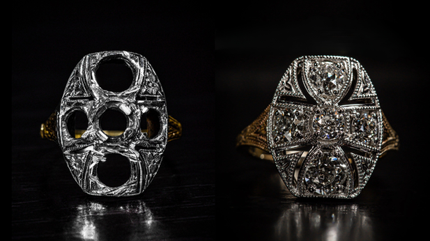 Damaged ring with missing diamonds before and after repair