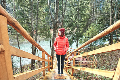 Girl Walking Up Wooden Stairs