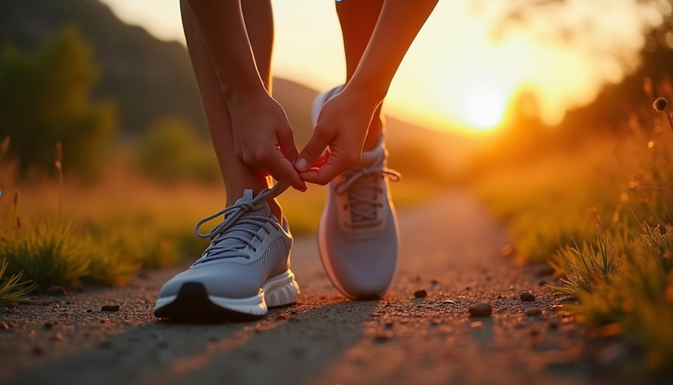 Eye-level view of a person tying running shoes on a trail at sunrise