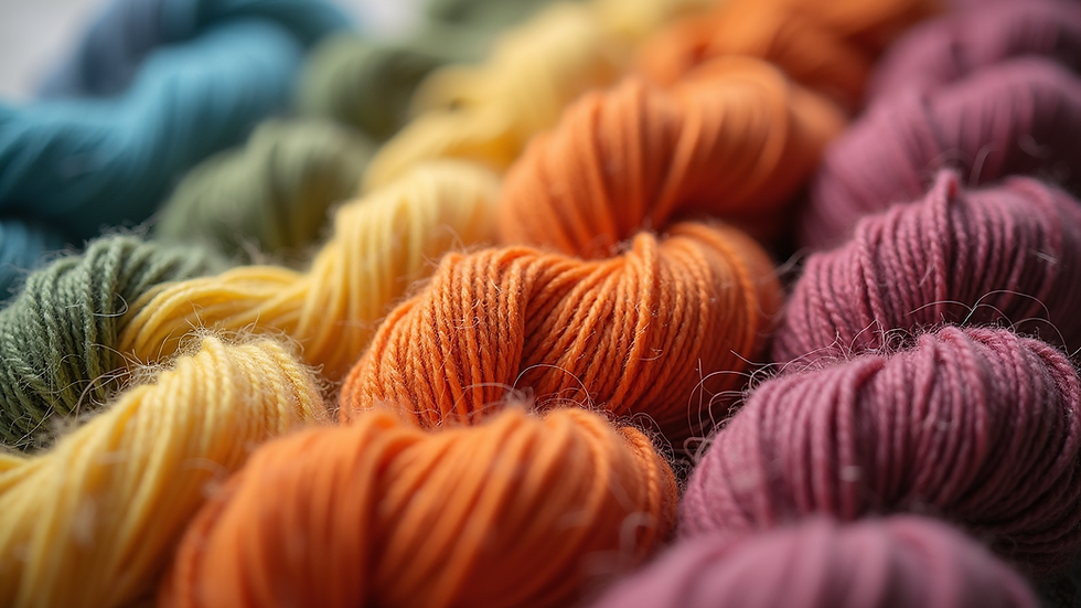 Close-up view of hand-dyed yarn skeins in natural colors