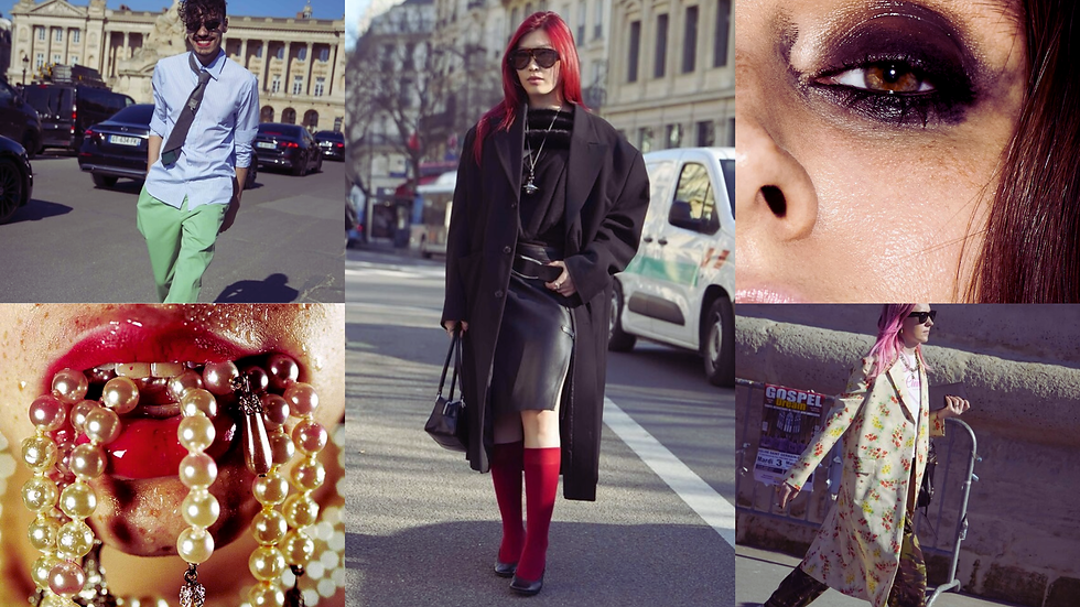 Street style via firstVIEW; bottom left: Marilyn Minter, Satiated, 2003 (Guggenheim Museum, New York); top right: @tonyathphoto, 2020.