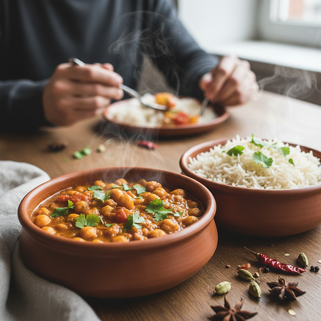 Dwa naczynia gliniane w jednym jest channa masala, a w drugim ryż basmati.