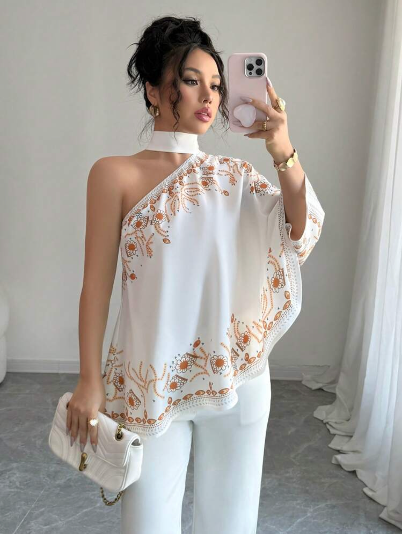 Elegant print bat-wing one shoulder asymmetrical hem tie belt blouse