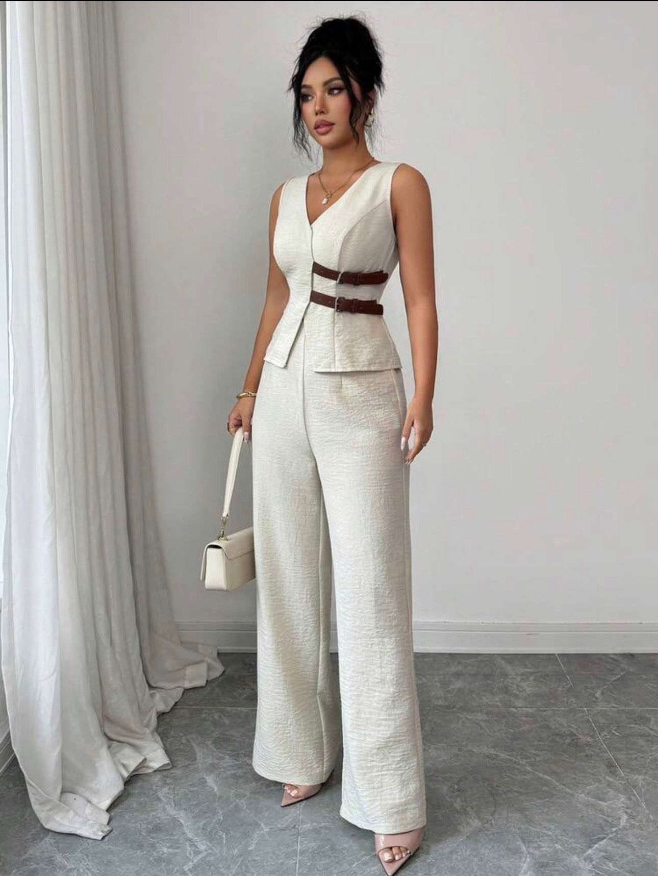 Khaki, Sleeveless Belt Suit, vest and pants