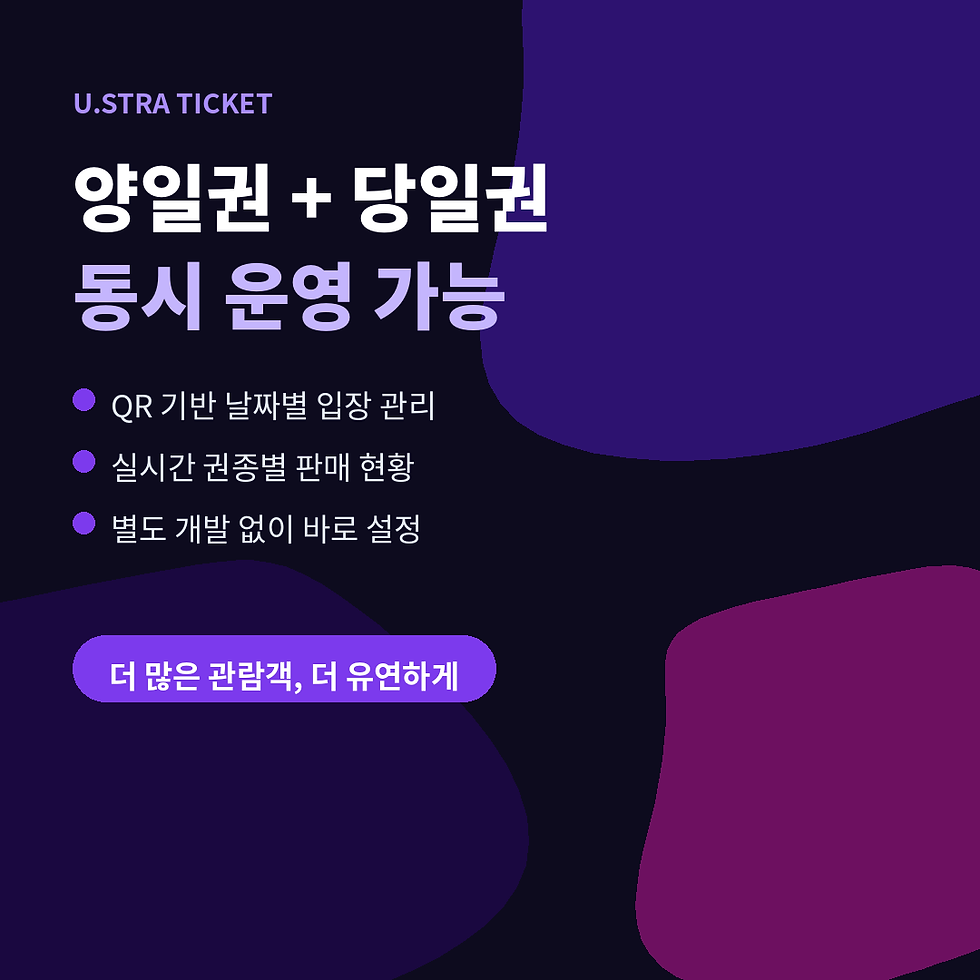 U.STRA TICKET 홍보 화면, 양일권+당일권 동시 운영 가능, QR 기반 날짜별 입장 관리와 실시간 판매 현황 안내, 보라·남색 배경